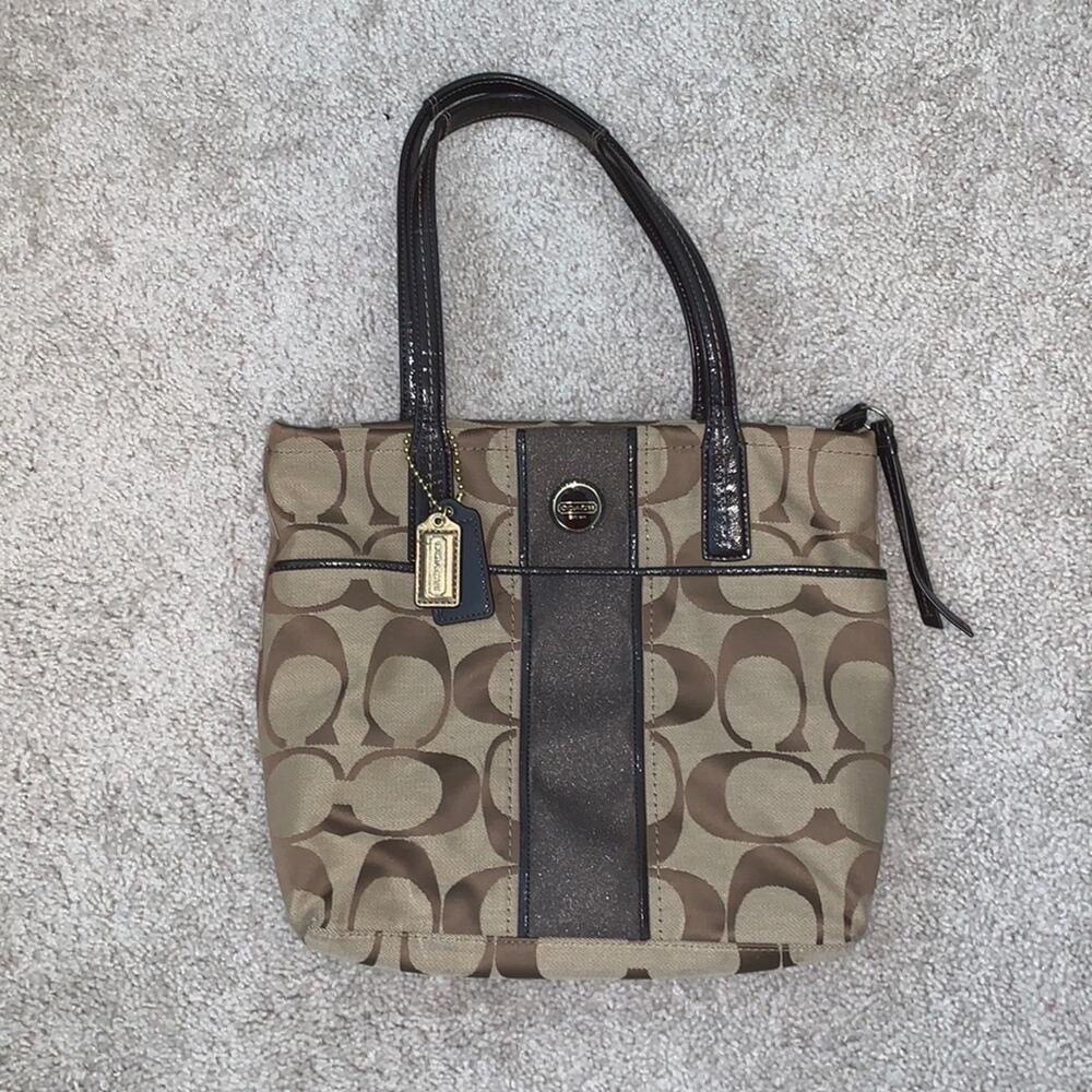 Coach Signature Canvas Jacquard Slim Shoulder Stripe Tote Bag Tan and Brown